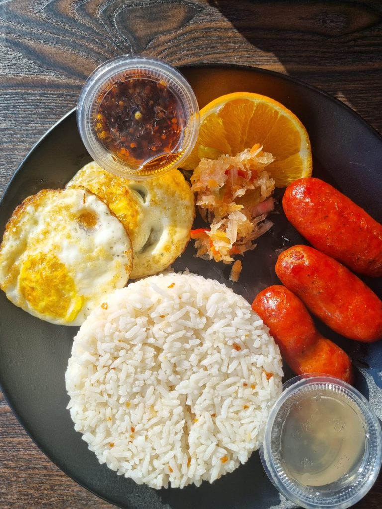 Longsilog, Breakfast plate, Pinoy breakfast, sunny side up eggs, garlic rice, MIchelin, Bib Gourmand